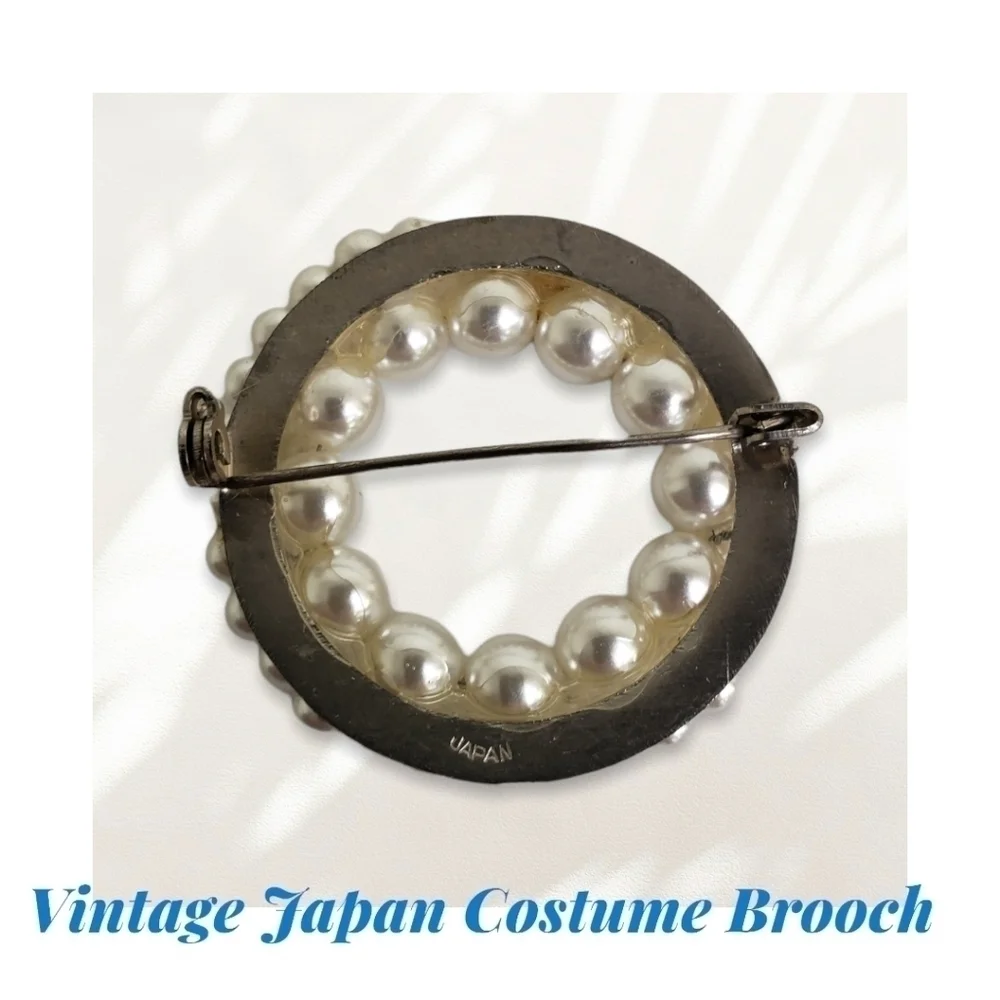 Vintage Costume Jewelry Circle Brooch Faux Pearls Made in Japan